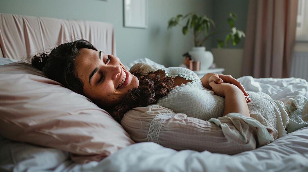 Happy Pregnant Woman Sleeping on Bed